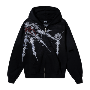 Black zip hoodie with white and red graphic design