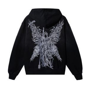 Back of a black zip hoodie with white graphic design of a reaper with wings