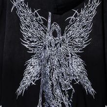 Load image into Gallery viewer, Close up of the back of a black zip hoodie with white reaper with wings
