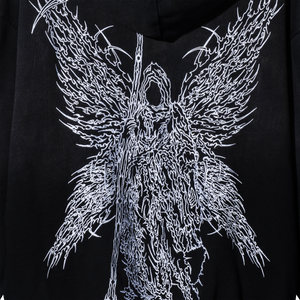 Close up of the back of a black zip hoodie with white reaper with wings