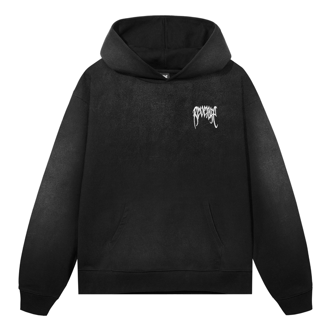 WHITE EMBROIDERED BASIC HOODIE TREATED BLACK
