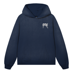 WHITE EMBROIDERED BASIC HOODIE TREATED BLUE