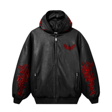 Load image into Gallery viewer, METAL EMBROIDERED LEATHER PADDED BOMBER BLACK/RED
