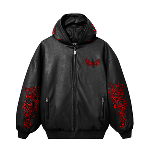 METAL EMBROIDERED LEATHER PADDED BOMBER BLACK/RED