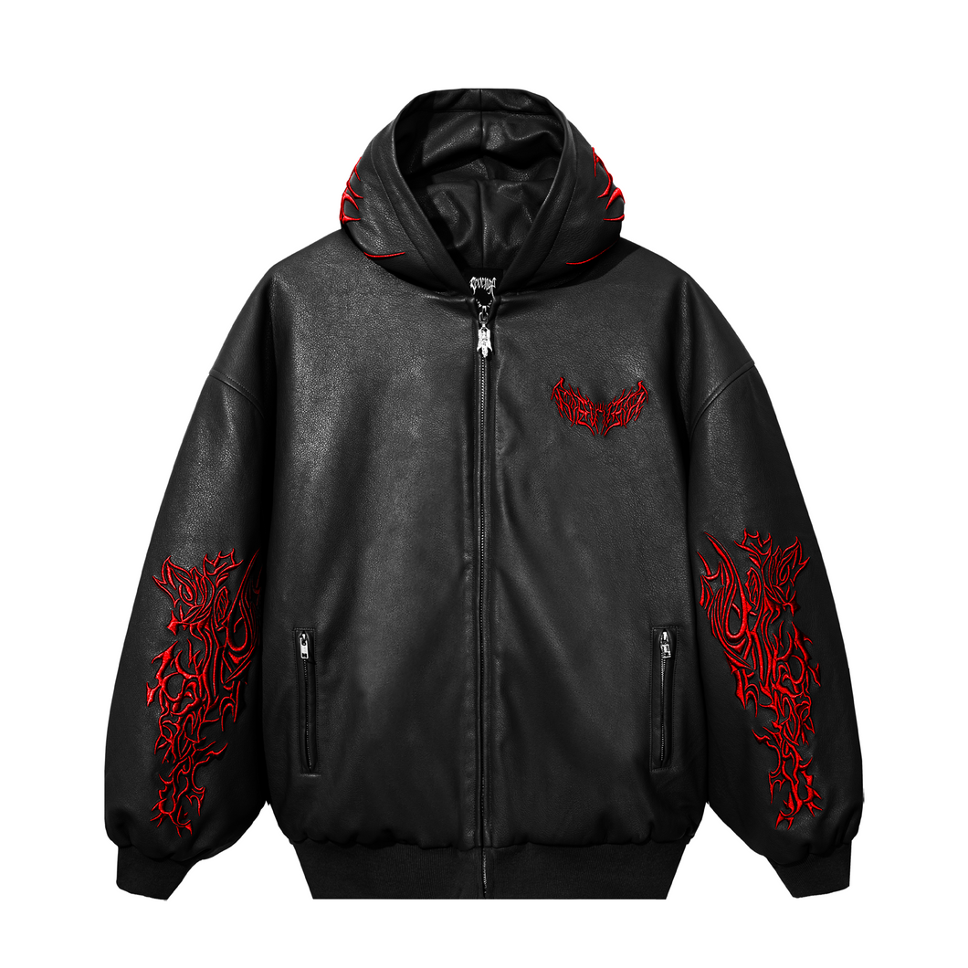 METAL EMBROIDERED LEATHER PADDED BOMBER BLACK/RED