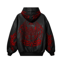 Load image into Gallery viewer, METAL EMBROIDERED LEATHER PADDED BOMBER BLACK/RED
